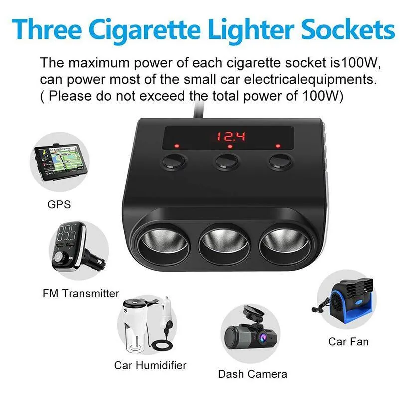 3 Way Car Cigarette Lighter Adapter 12V-24V Socket Splitter Plug
