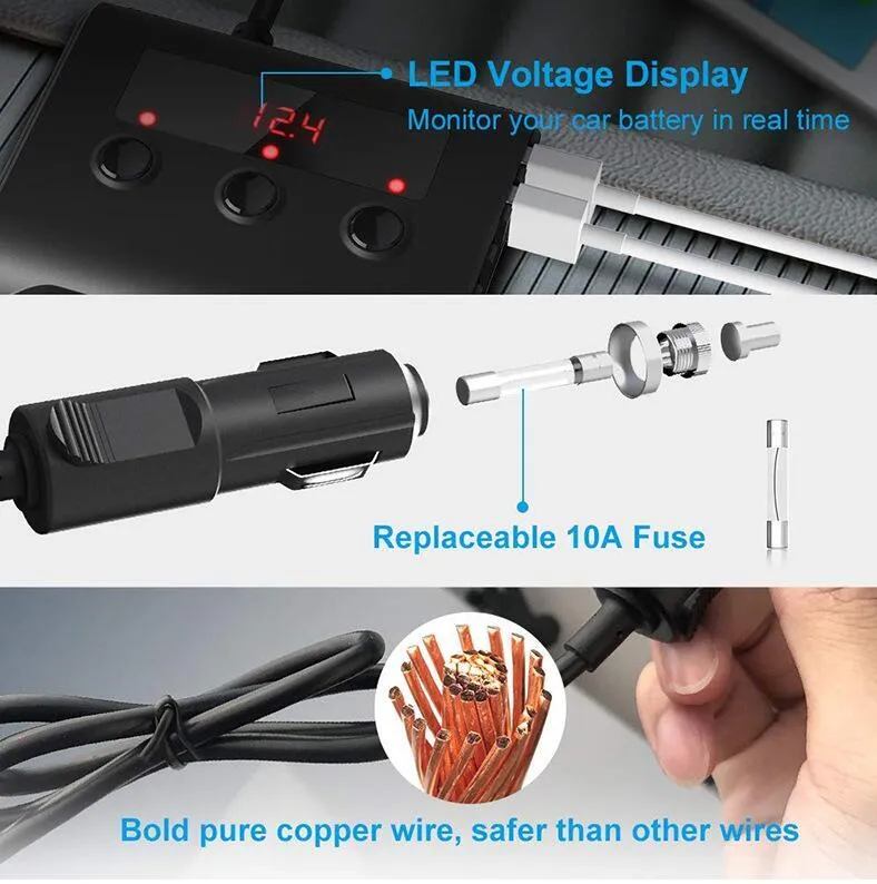 3 Way Car Cigarette Lighter Adapter 12V-24V Socket Splitter Plug