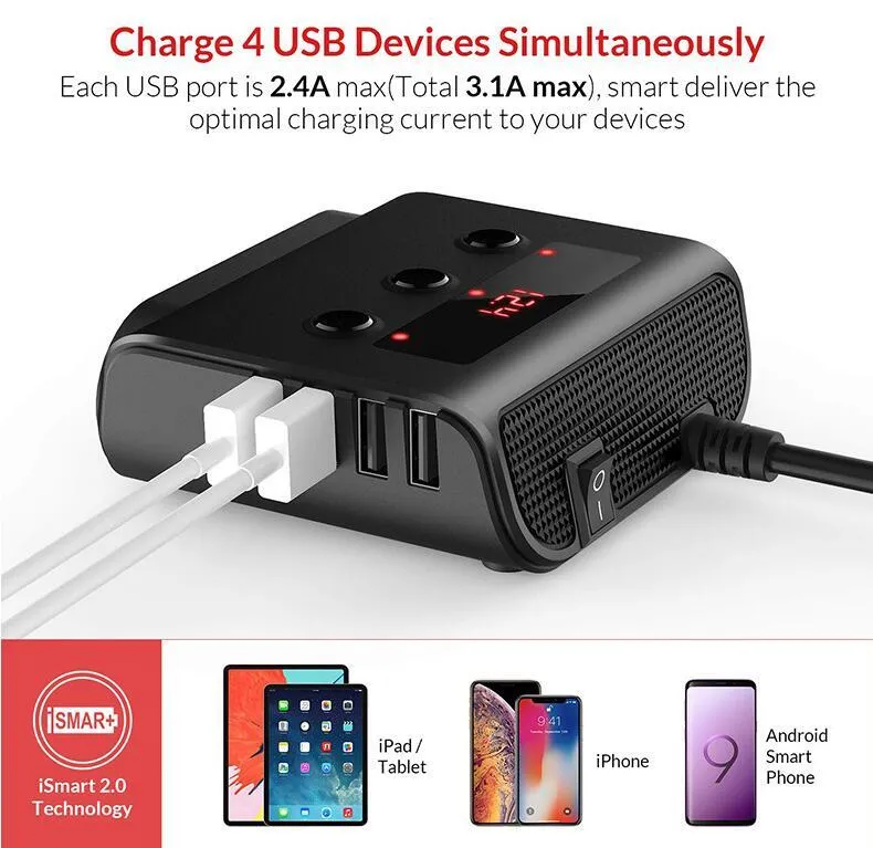 3 Way Car Cigarette Lighter Adapter 12V-24V Socket Splitter Plug