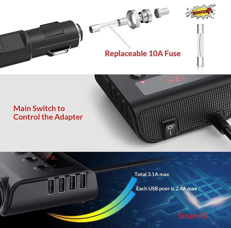 3 Way Car Cigarette Lighter Adapter 12V-24V Socket Splitter Plug