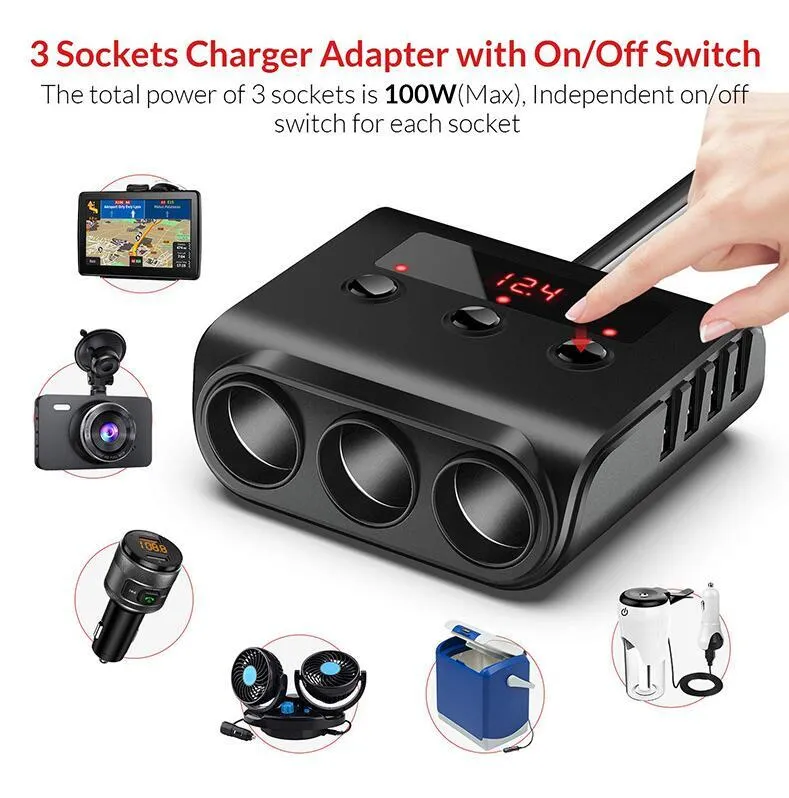 3 Way Car Cigarette Lighter Adapter 12V-24V Socket Splitter Plug