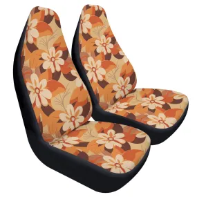 70s Floral Car Seat Covers (2 pcs), Retro Orange Brown Pattern Auto Front Seat Dog Pet Vehicle SUV Universal Protector Accessory Men Women