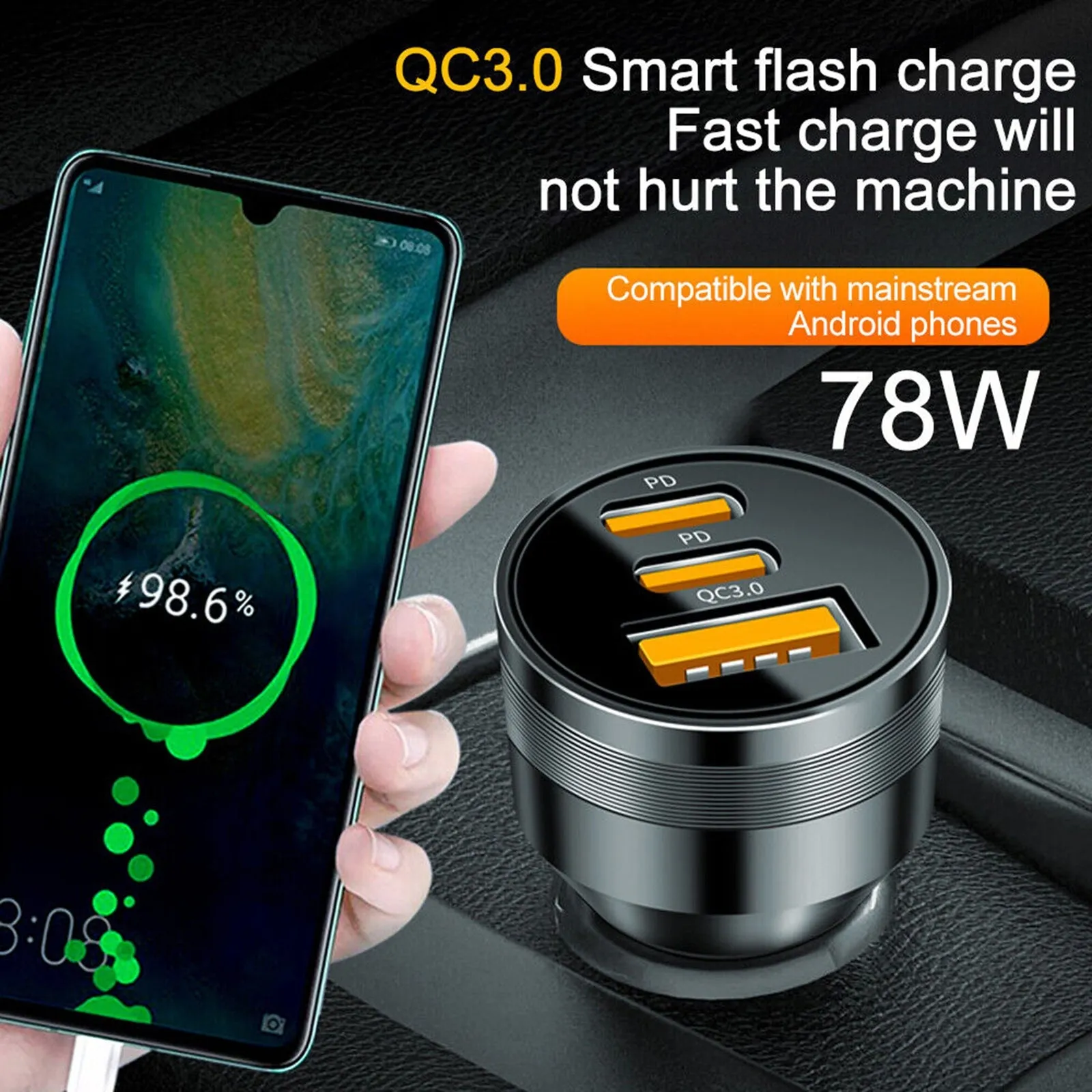 78W PD USB C Car Charger Dual PD QC3.0 Fast Power Charging Block