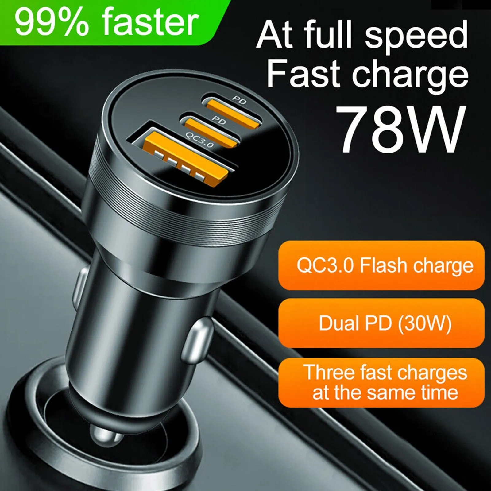 78W PD USB C Car Charger Dual PD QC3.0 Fast Power Charging Block
