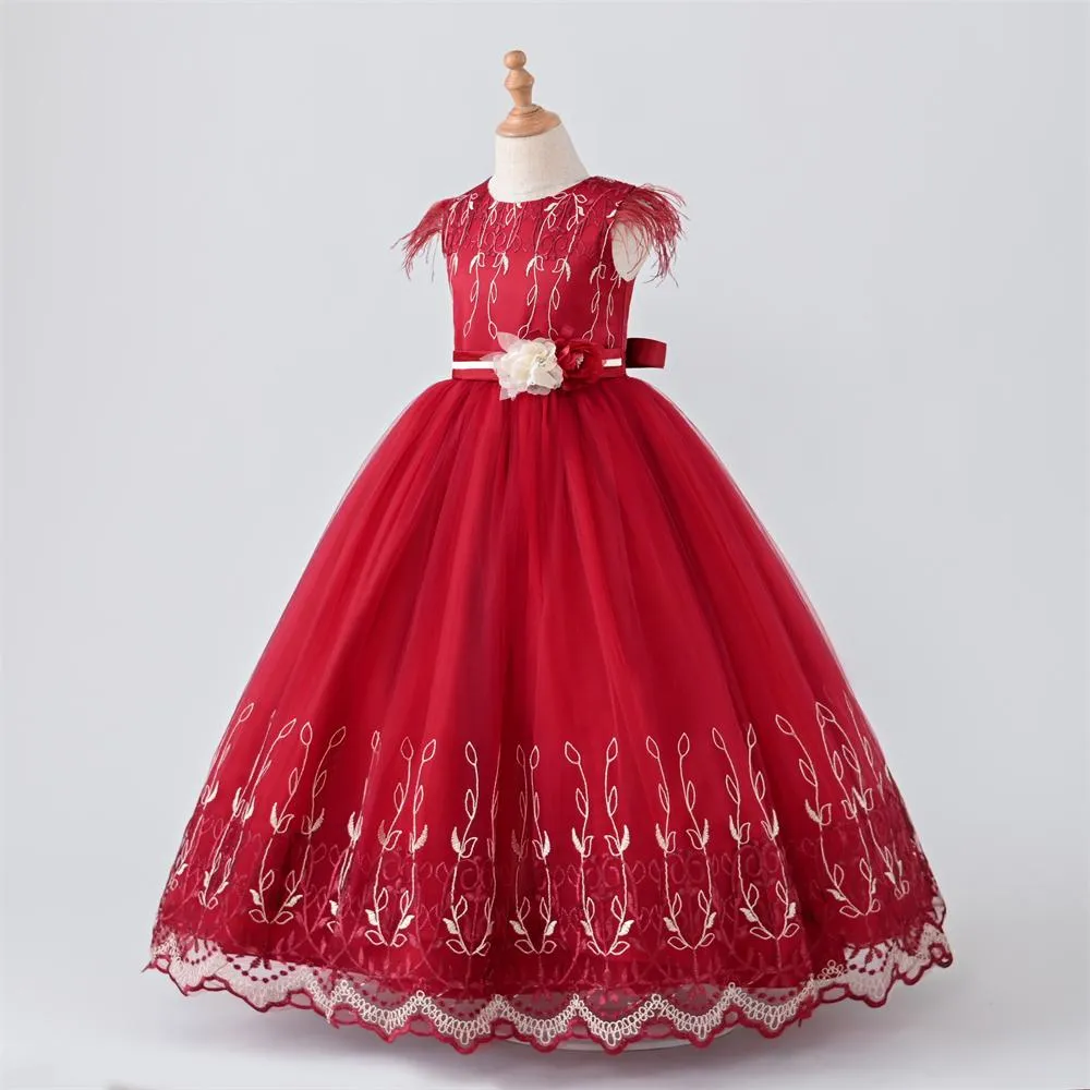 A1-547 Embroidery Girl dresses 2022 year fashion Flower Feather Sleeve Wedding dress girl with Appliques 4 6 8 10 12 Years