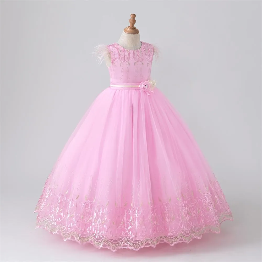 A1-547 Embroidery Girl dresses 2022 year fashion Flower Feather Sleeve Wedding dress girl with Appliques 4 6 8 10 12 Years