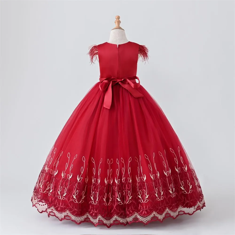 A1-547 Embroidery Girl dresses 2022 year fashion Flower Feather Sleeve Wedding dress girl with Appliques 4 6 8 10 12 Years
