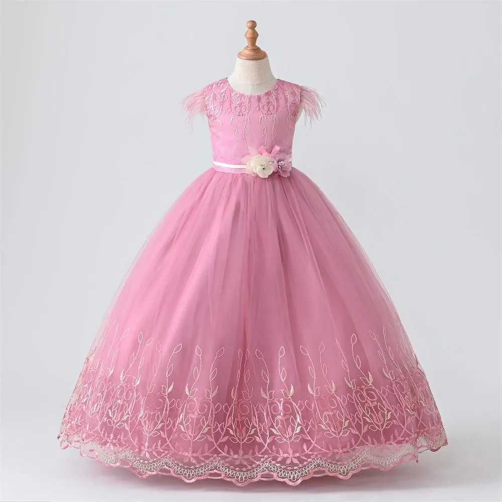 A1-547 Embroidery Girl dresses 2022 year fashion Flower Feather Sleeve Wedding dress girl with Appliques 4 6 8 10 12 Years