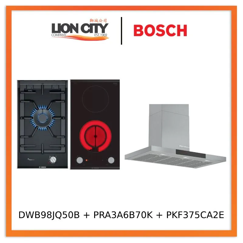 Bosch Series 6 DWB98JQ50B Wall-mounted cooker hood 90 cm   PRA3A6B70K Series 8 Domino gas hob 30 cm Ceramic, Black   PKF375CA2E Series 2 Domino Electric hob 30 cm Black, surface mount with frame