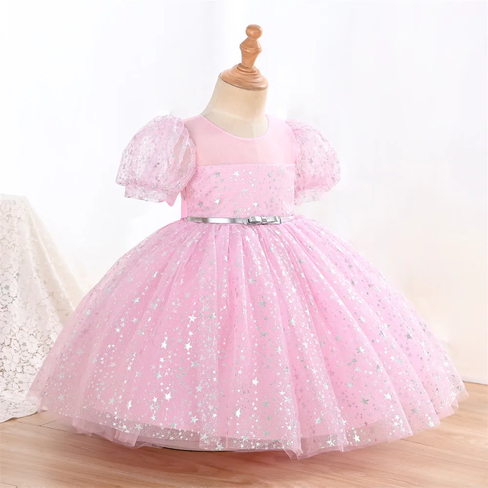 C2206 3 to 9 Years Puff Sleeve Princess Dress Girl Black Sequins Shiny Even Evening Party Girl Child Birthday Dress with a Waistband