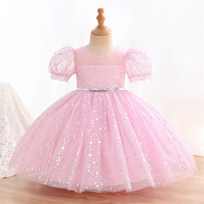 C2206 3 to 9 Years Puff Sleeve Princess Dress Girl Black Sequins Shiny Even Evening Party Girl Child Birthday Dress with a Waistband
