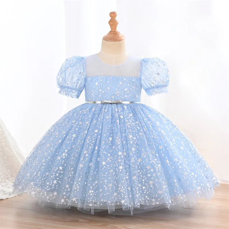 C2206 3 to 9 Years Puff Sleeve Princess Dress Girl Black Sequins Shiny Even Evening Party Girl Child Birthday Dress with a Waistband