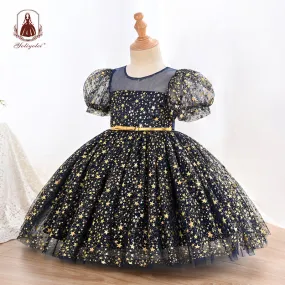 C2206 3 to 9 Years Puff Sleeve Princess Dress Girl Black Sequins Shiny Even Evening Party Girl Child Birthday Dress with a Waistband