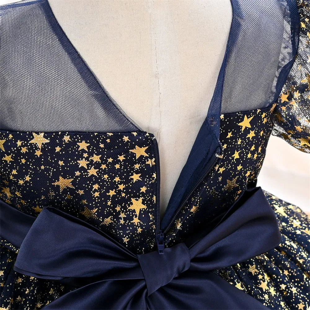 C2206 3 to 9 Years Puff Sleeve Princess Dress Girl Black Sequins Shiny Even Evening Party Girl Child Birthday Dress with a Waistband