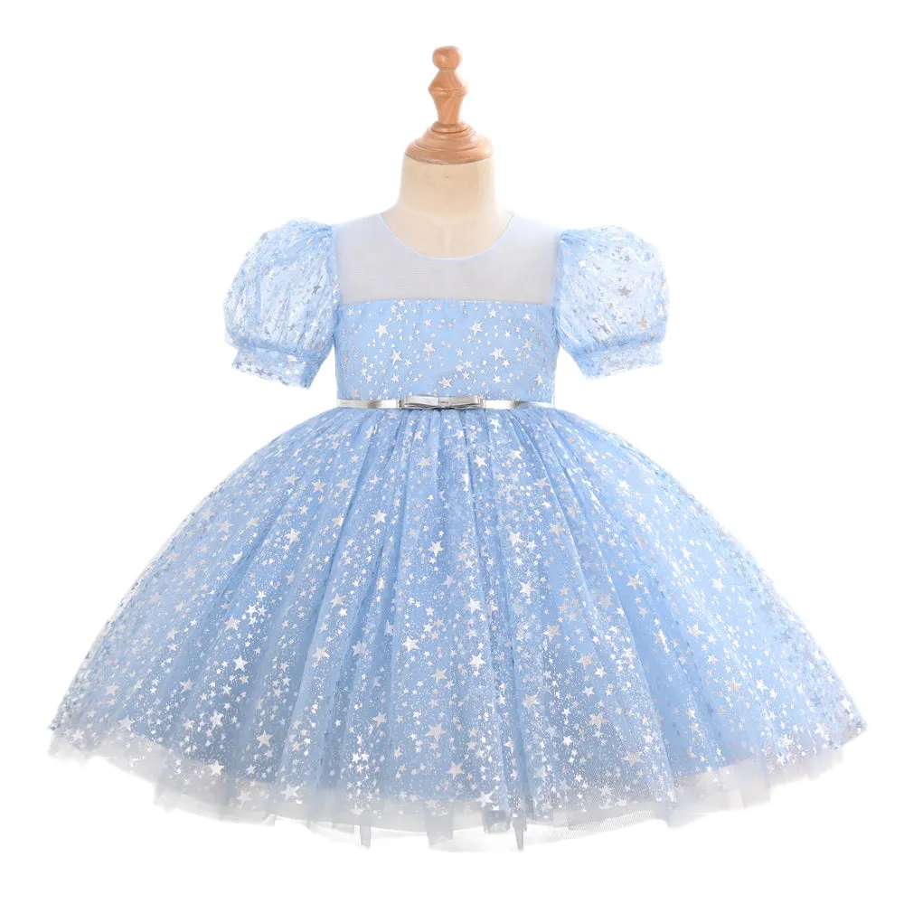 C2206 3 to 9 Years Puff Sleeve Princess Dress Girl Black Sequins Shiny Even Evening Party Girl Child Birthday Dress with a Waistband
