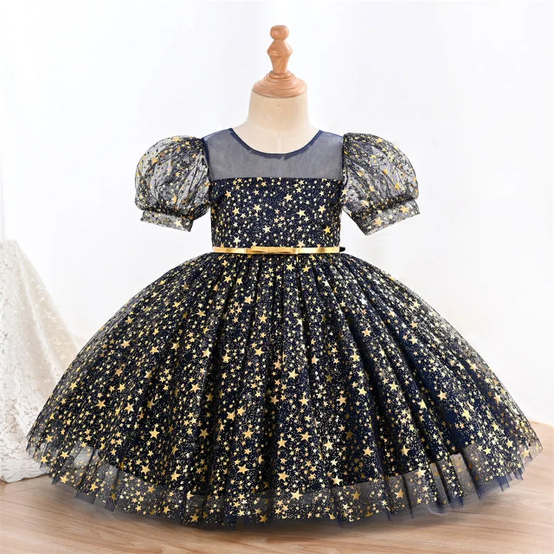 C2206 3 to 9 Years Puff Sleeve Princess Dress Girl Black Sequins Shiny Even Evening Party Girl Child Birthday Dress with a Waistband
