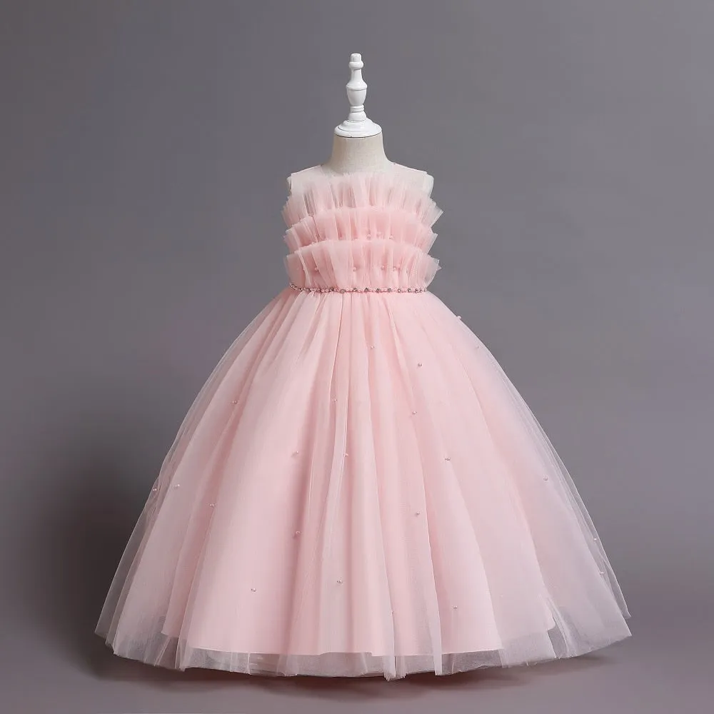 C304 3 to 9 Years Summer Crew Neck sleeveless Ruffles Designs Elegant Kids Fashion Pearl Frock Girls Long Wedding Party  Evening Dresses