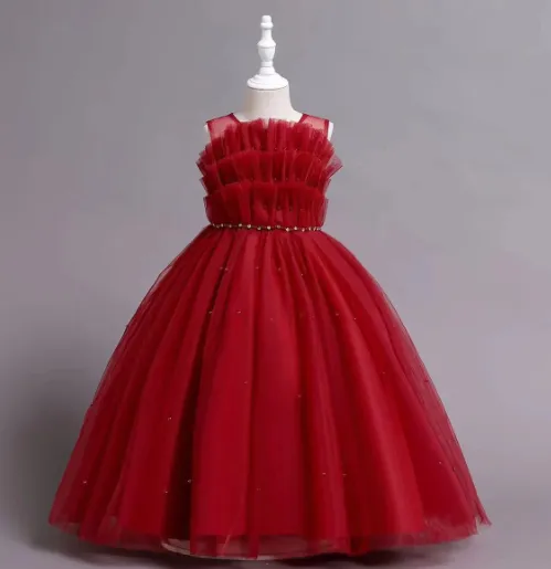 C304 3 to 9 Years Summer Crew Neck sleeveless Ruffles Designs Elegant Kids Fashion Pearl Frock Girls Long Wedding Party  Evening Dresses