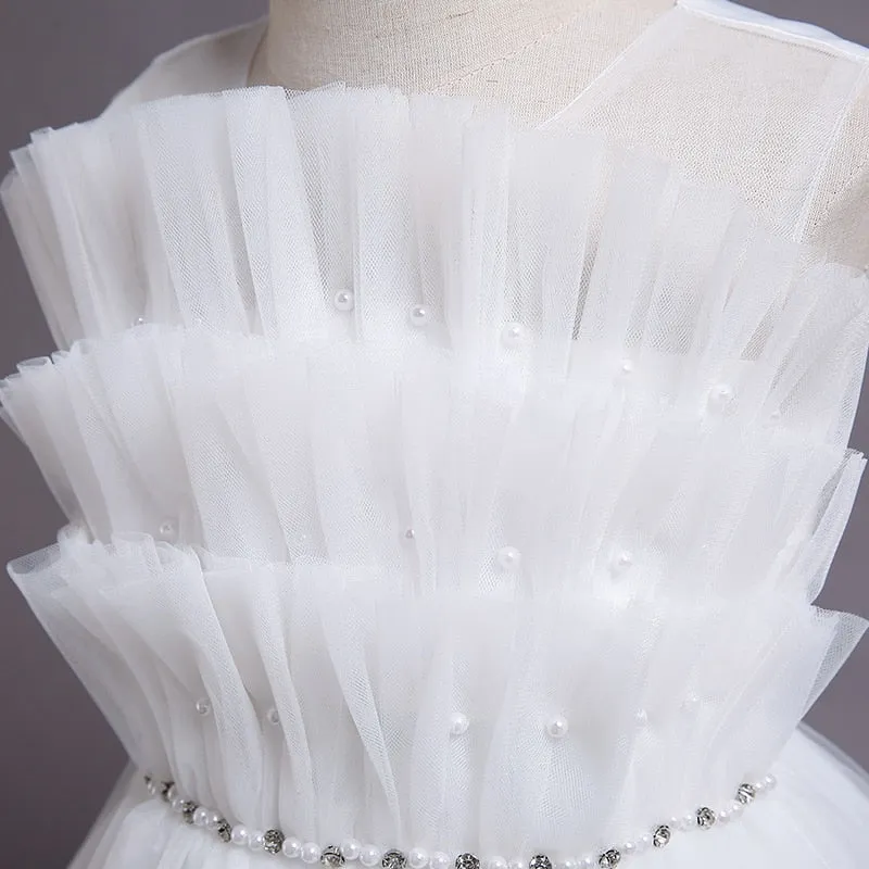 C304 3 to 9 Years Summer Crew Neck sleeveless Ruffles Designs Elegant Kids Fashion Pearl Frock Girls Long Wedding Party  Evening Dresses