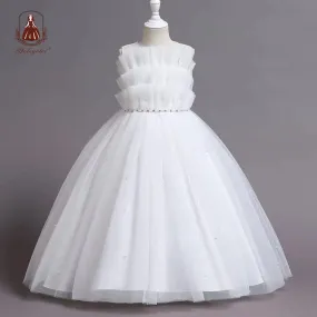 C304 3 to 9 Years Summer Crew Neck sleeveless Ruffles Designs Elegant Kids Fashion Pearl Frock Girls Long Wedding Party  Evening Dresses