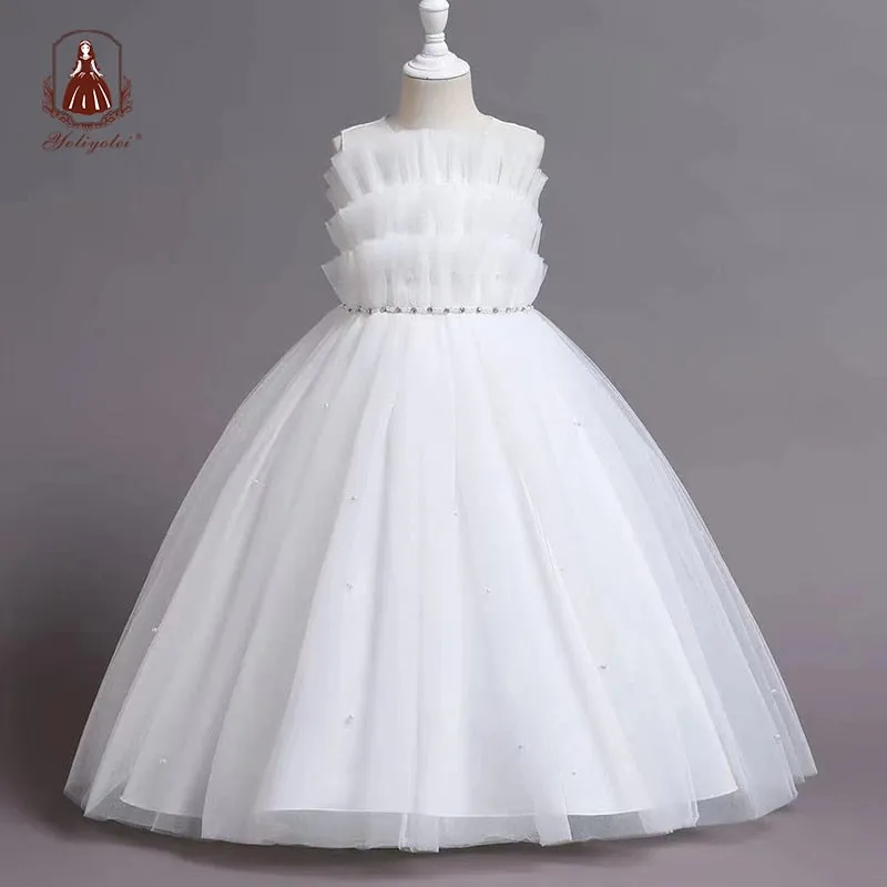 C304 3 to 9 Years Summer Crew Neck sleeveless Ruffles Designs Elegant Kids Fashion Pearl Frock Girls Long Wedding Party  Evening Dresses