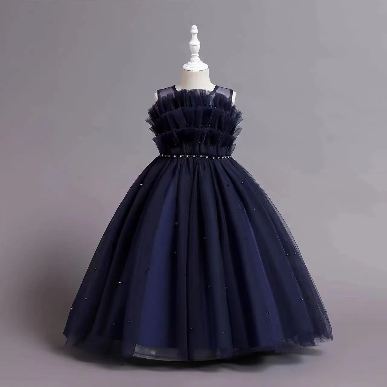 C304 3 to 9 Years Summer Crew Neck sleeveless Ruffles Designs Elegant Kids Fashion Pearl Frock Girls Long Wedding Party  Evening Dresses