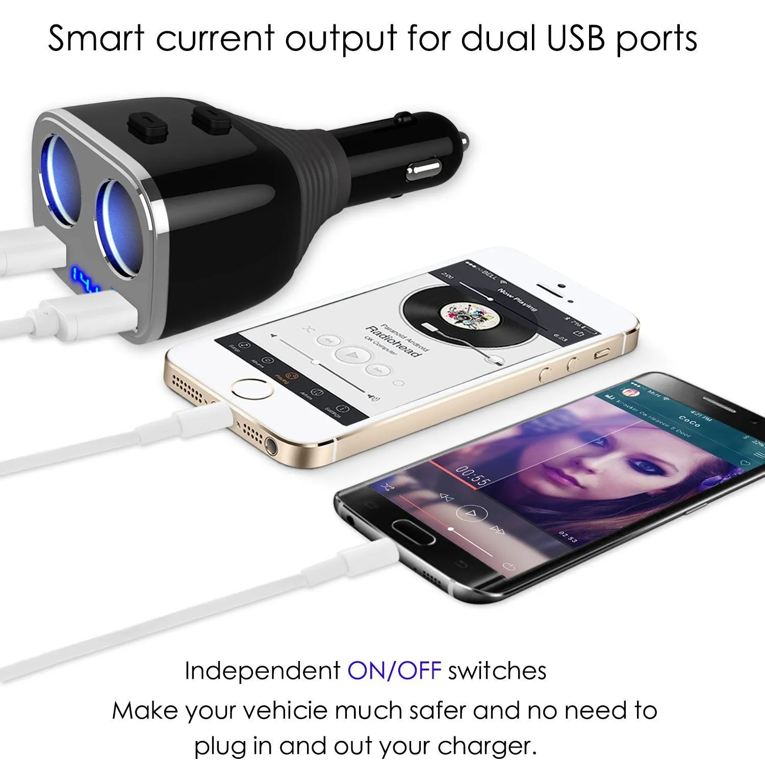 Car Cigarette Lighter, Otium 2-Socket Cigarette Lighter Adapter Socket Splitter Sparate Switch 12/24V 80W  with LED Battery Voltage Display   Dual USB Car Charger 3.4A  For  iPhone iPad, Android Samsung, GPS