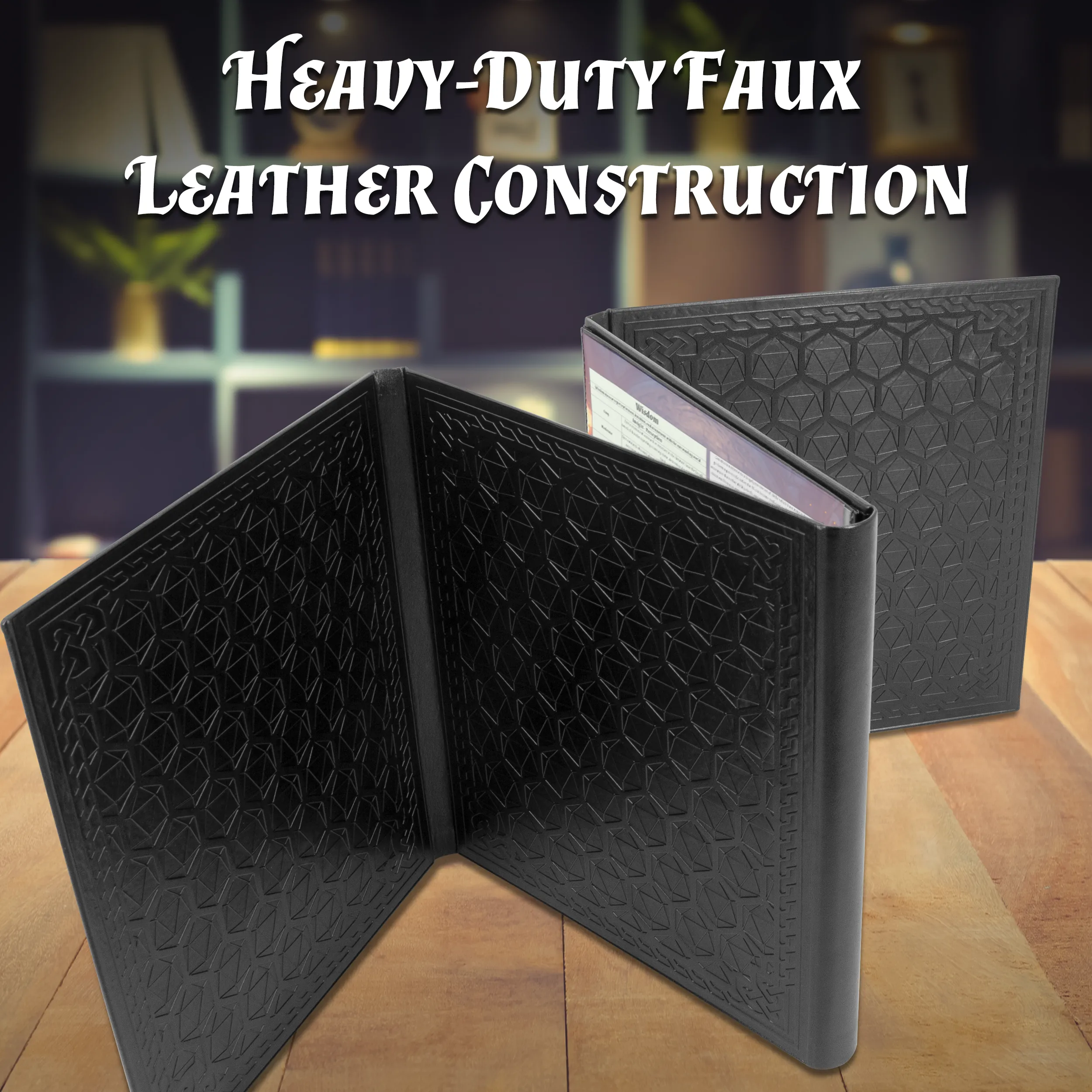 CASEMATIX DM Screen Faux Leather Embossed GM Screen - Folding Dungeon Master Screen Compatible with Tabletop Roleplaying Games, Black