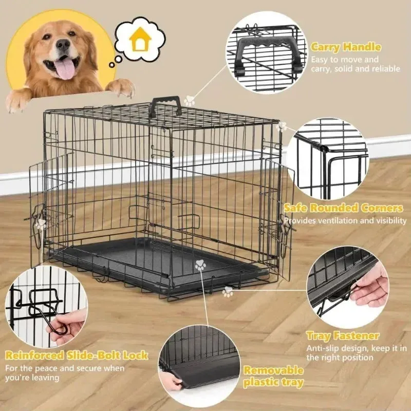 Dog Crate Kennel, Metal Pet Cage Double Door W/Divider Panel, Folding Travel Indoor Outdoor Dog Kennel