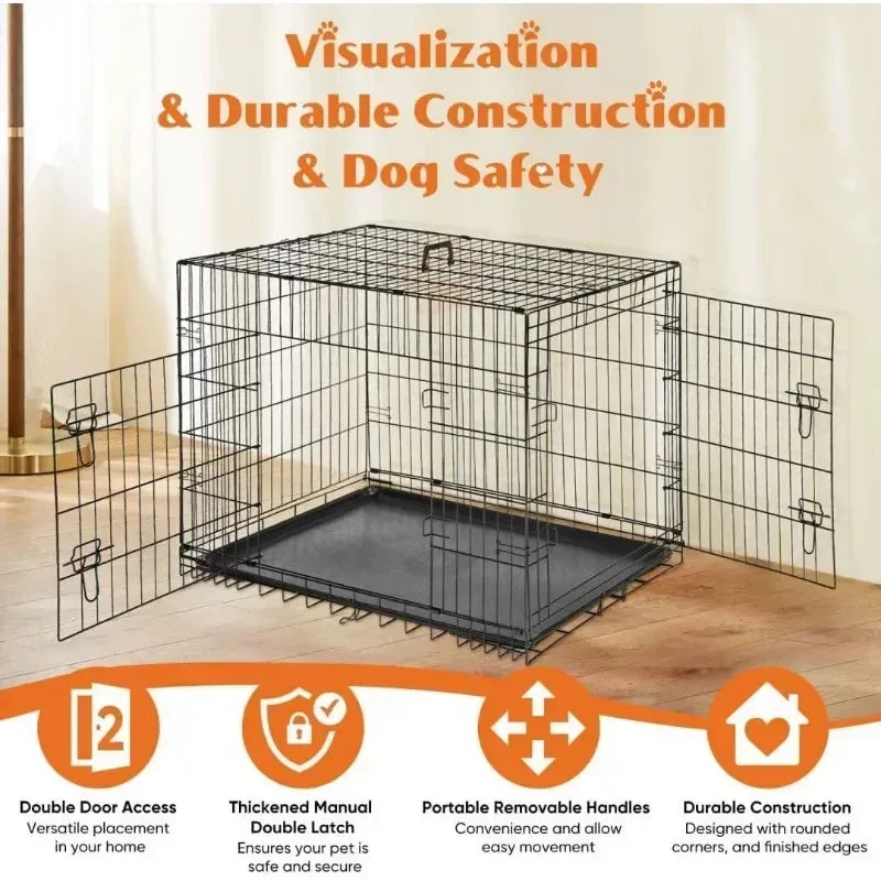 Dog Crate Kennel, Metal Pet Cage Double Door W/Divider Panel, Folding Travel Indoor Outdoor Dog Kennel