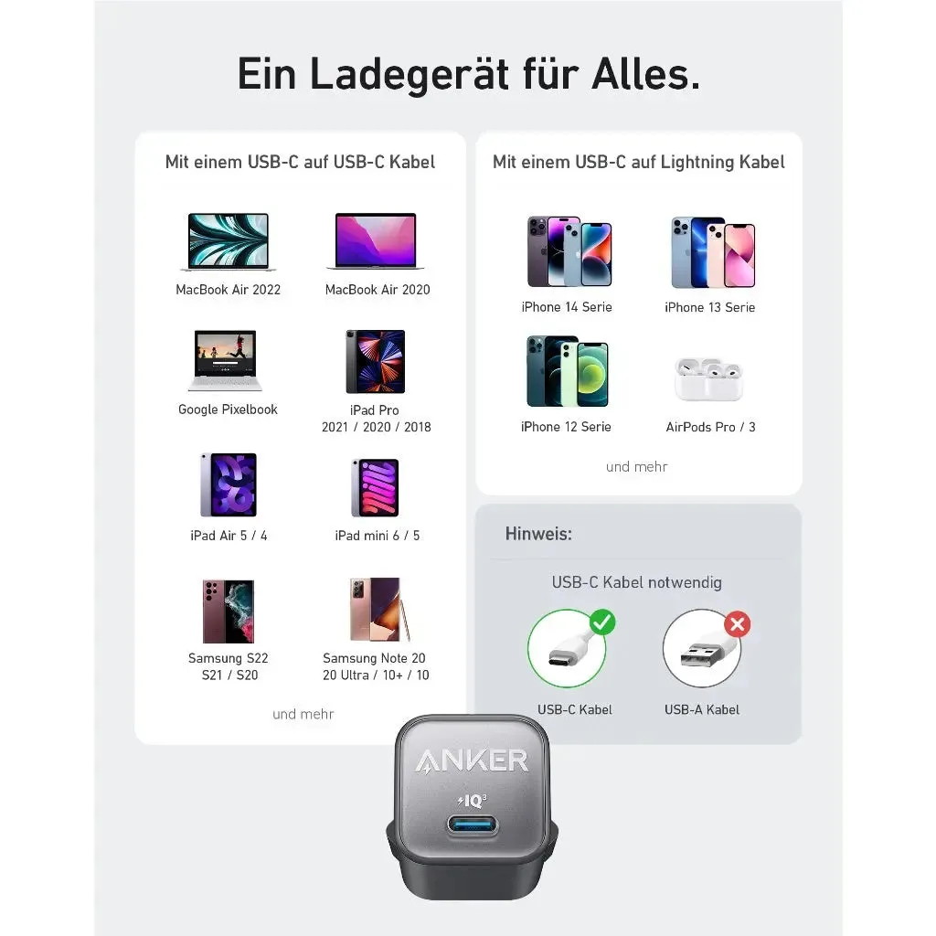 [EU Plug, 2Pin] Anker Charger 511 Nano 3 Powerport 30W USB C GaN Charger A2147