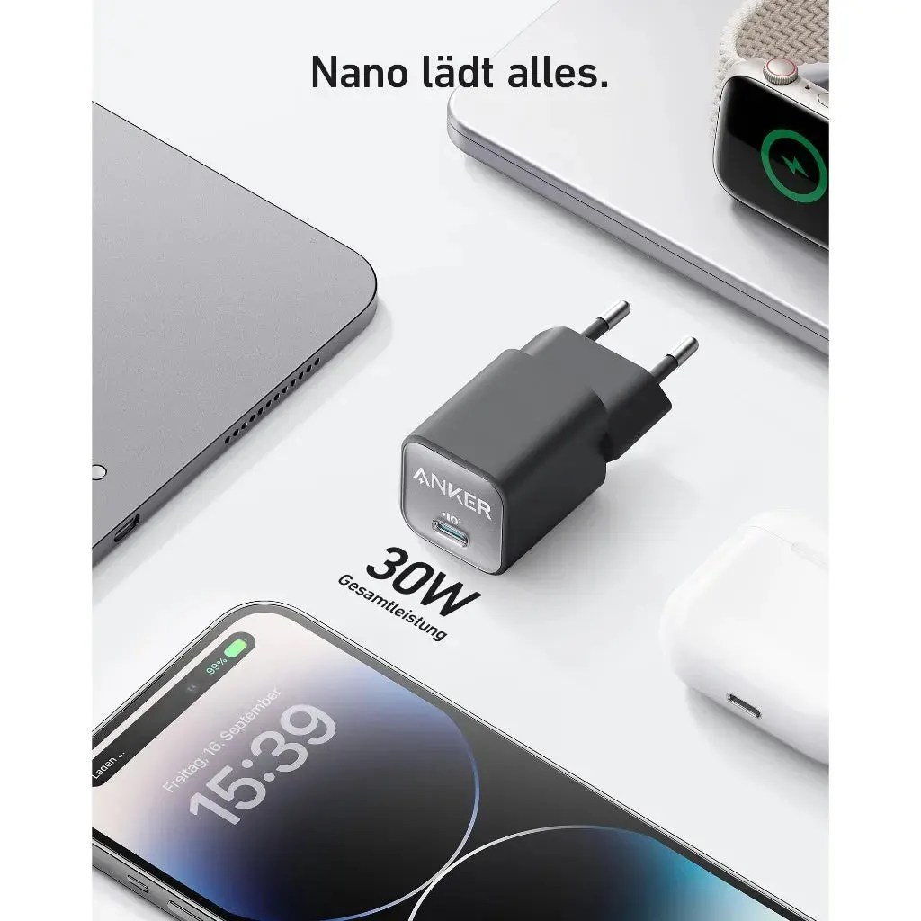 [EU Plug, 2Pin] Anker Charger 511 Nano 3 Powerport 30W USB C GaN Charger A2147