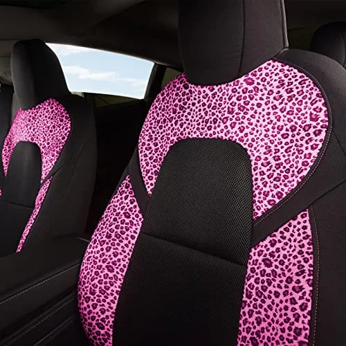 Front Custom Fit Two Tone Black/Pink Leopard Print Fully Wrapped Fabric Cloth Seat Covers for 2017-2022 Tesla Model 3 & Model Y (2 Pieces)