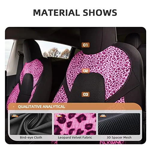Front Custom Fit Two Tone Black/Pink Leopard Print Fully Wrapped Fabric Cloth Seat Covers for 2017-2022 Tesla Model 3 & Model Y (2 Pieces)