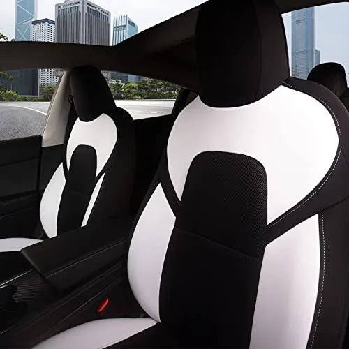 Front Custom Fit Two Tone White/Black Fully Wrapped Fabric Cloth Seat Covers for 2017-2022 Tesla Model 3 & Model Y (2 Pieces)