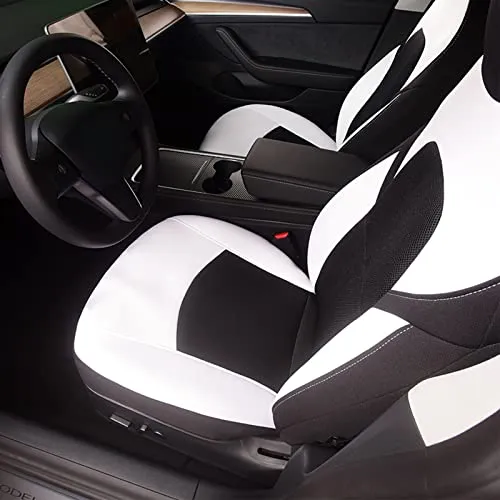 Front Custom Fit Two Tone White/Black Fully Wrapped Fabric Cloth Seat Covers for 2017-2022 Tesla Model 3 & Model Y (2 Pieces)
