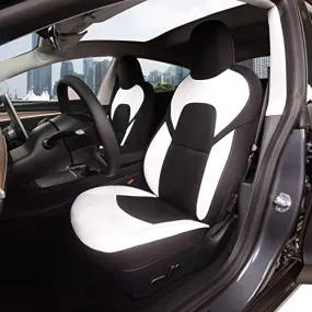 Front Custom Fit Two Tone White/Black Fully Wrapped Fabric Cloth Seat Covers for 2017-2022 Tesla Model 3 & Model Y (2 Pieces)