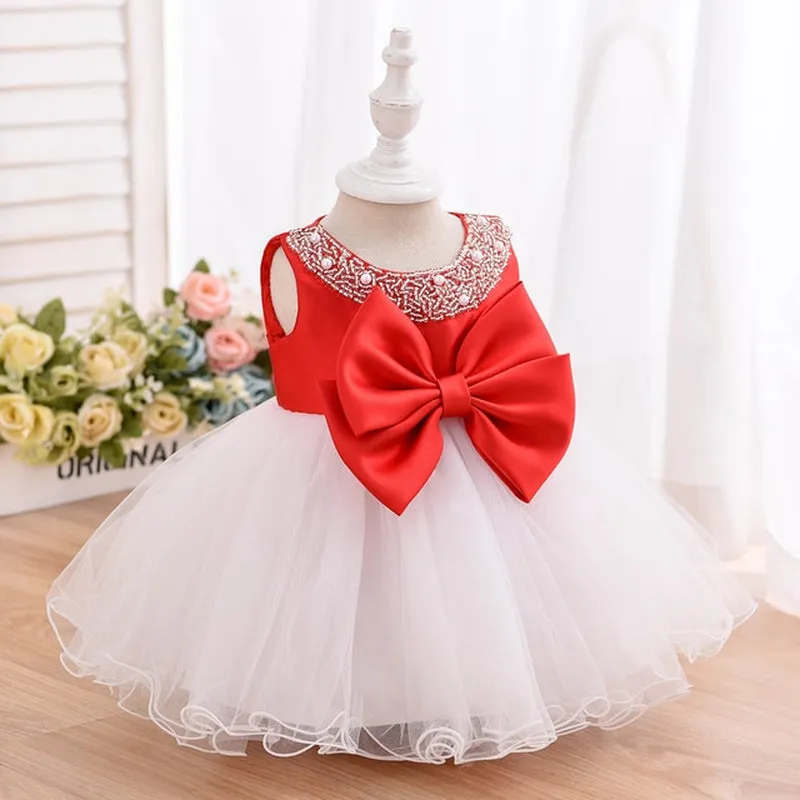 G008 6 to 24 Month European Style Newborn Organza Baby Beading Dress Polyester Kid Children Princess Girl Dress With Big Bow