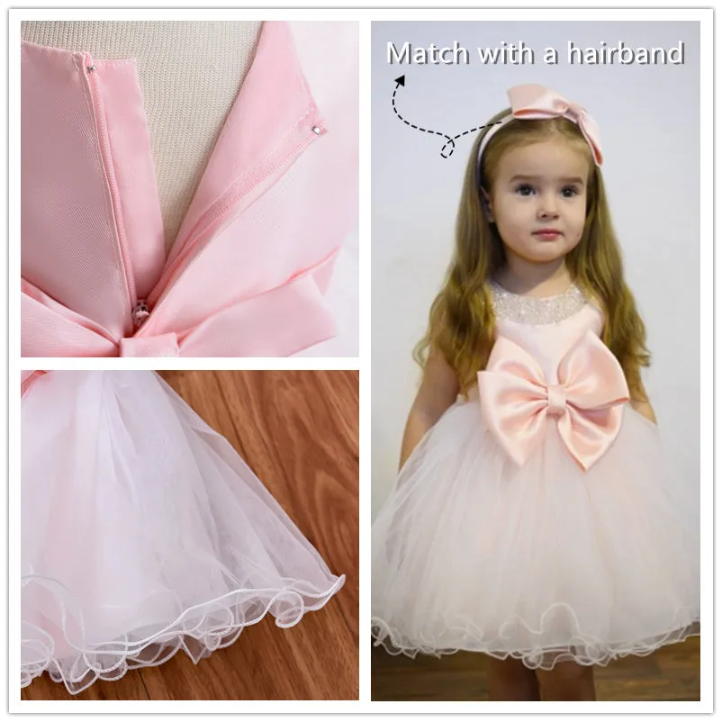G008 6 to 24 Month European Style Newborn Organza Baby Beading Dress Polyester Kid Children Princess Girl Dress With Big Bow