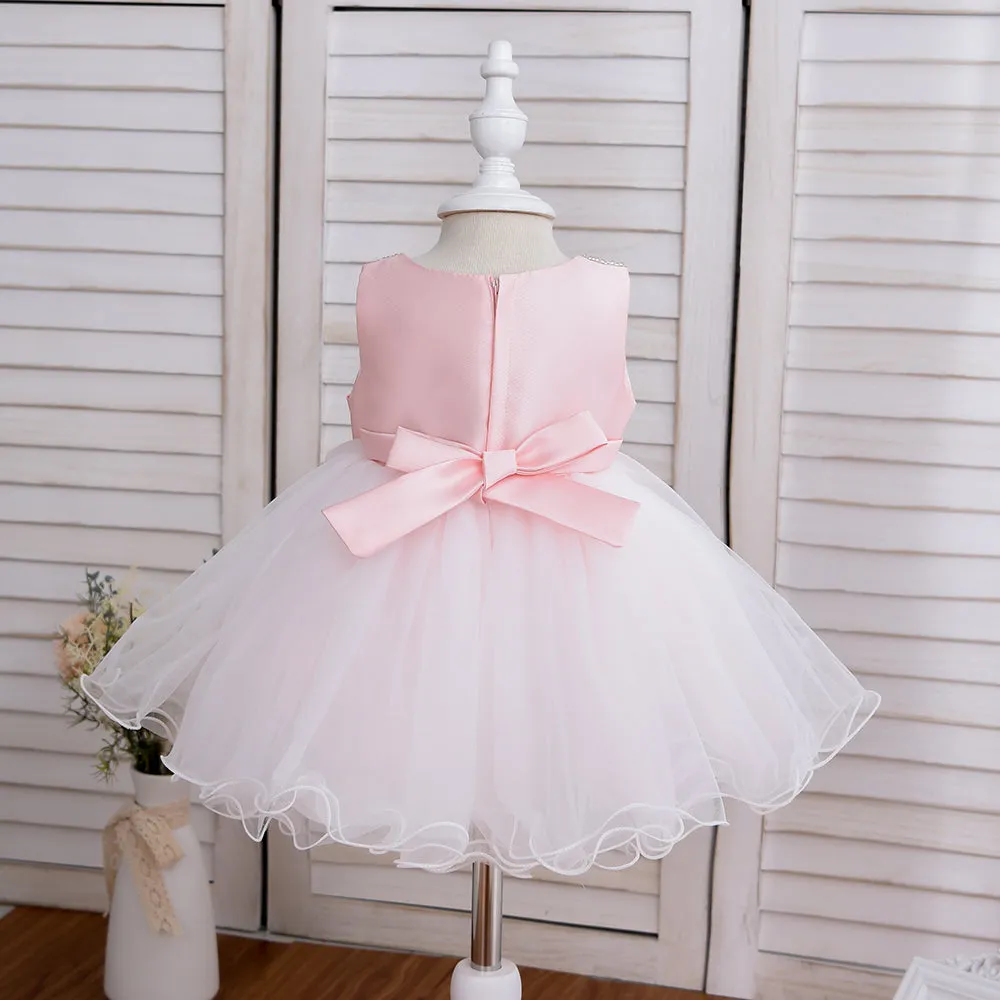 G008 6 to 24 Month European Style Newborn Organza Baby Beading Dress Polyester Kid Children Princess Girl Dress With Big Bow