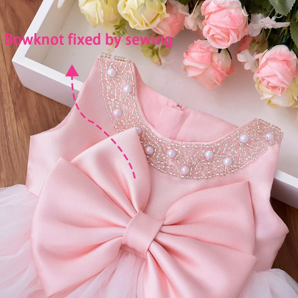 G008 6 to 24 Month European Style Newborn Organza Baby Beading Dress Polyester Kid Children Princess Girl Dress With Big Bow