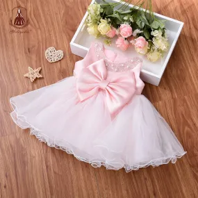 G008 6 to 24 Month European Style Newborn Organza Baby Beading Dress Polyester Kid Children Princess Girl Dress With Big Bow