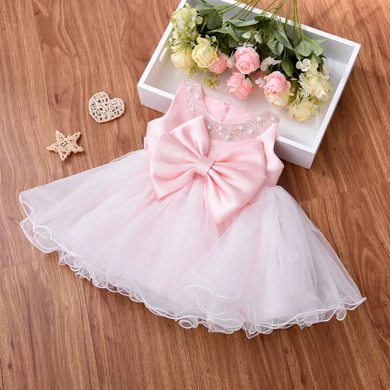G008 6 to 24 Month European Style Newborn Organza Baby Beading Dress Polyester Kid Children Princess Girl Dress With Big Bow