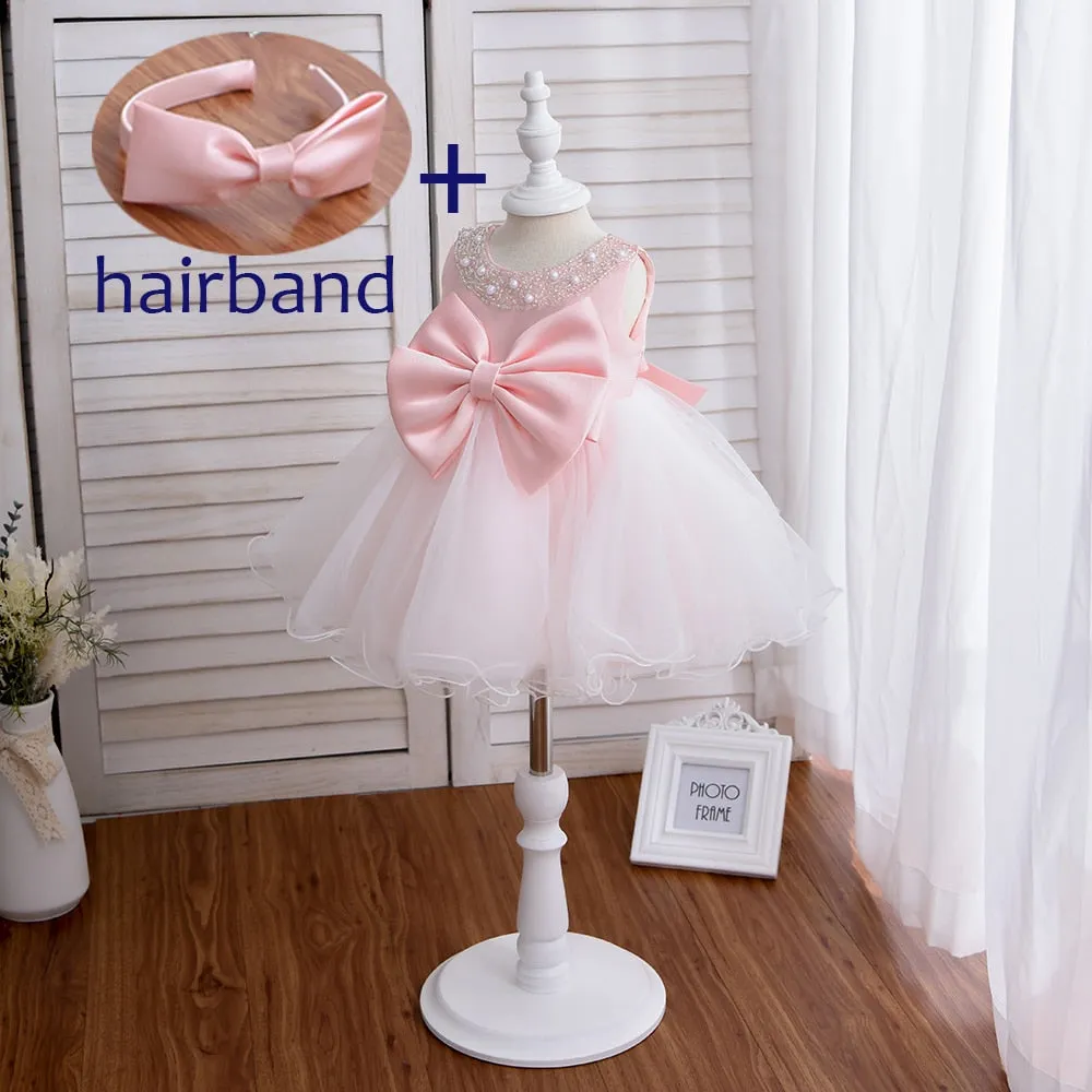 G008 6 to 24 Month European Style Newborn Organza Baby Beading Dress Polyester Kid Children Princess Girl Dress With Big Bow