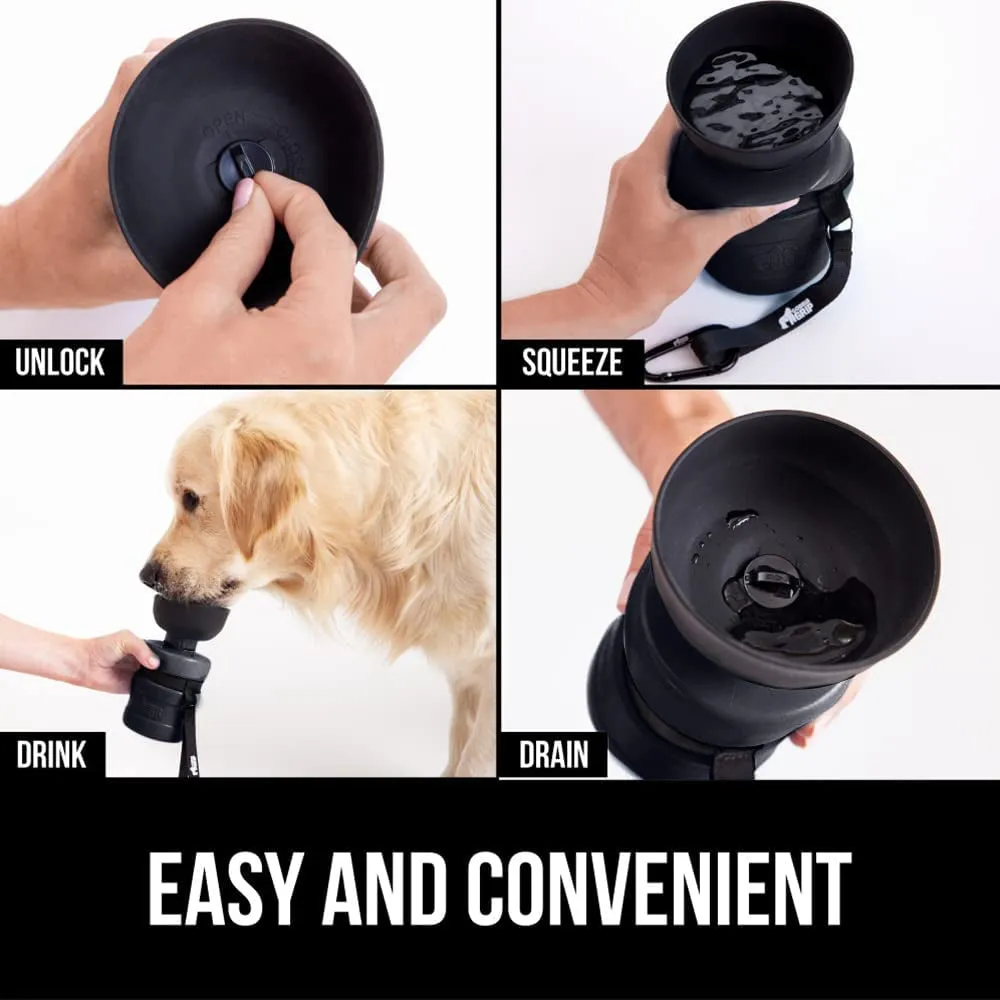 Gorilla Grip Leak Proof Portable Dog Water Bottle, Multifunction Design with Bowl Cap, Food Grade Silicone, Dogs Drink Dispenser, for Puppy Walks, Traveling, Hiking, Keep Pets Hydrated, 12Oz, Black