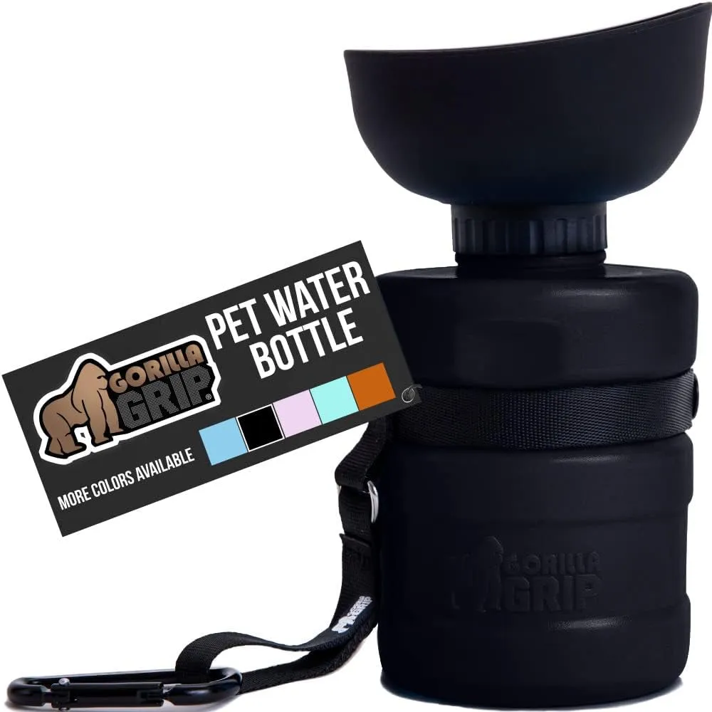 Gorilla Grip Leak Proof Portable Dog Water Bottle, Multifunction Design with Bowl Cap, Food Grade Silicone, Dogs Drink Dispenser, for Puppy Walks, Traveling, Hiking, Keep Pets Hydrated, 12Oz, Black