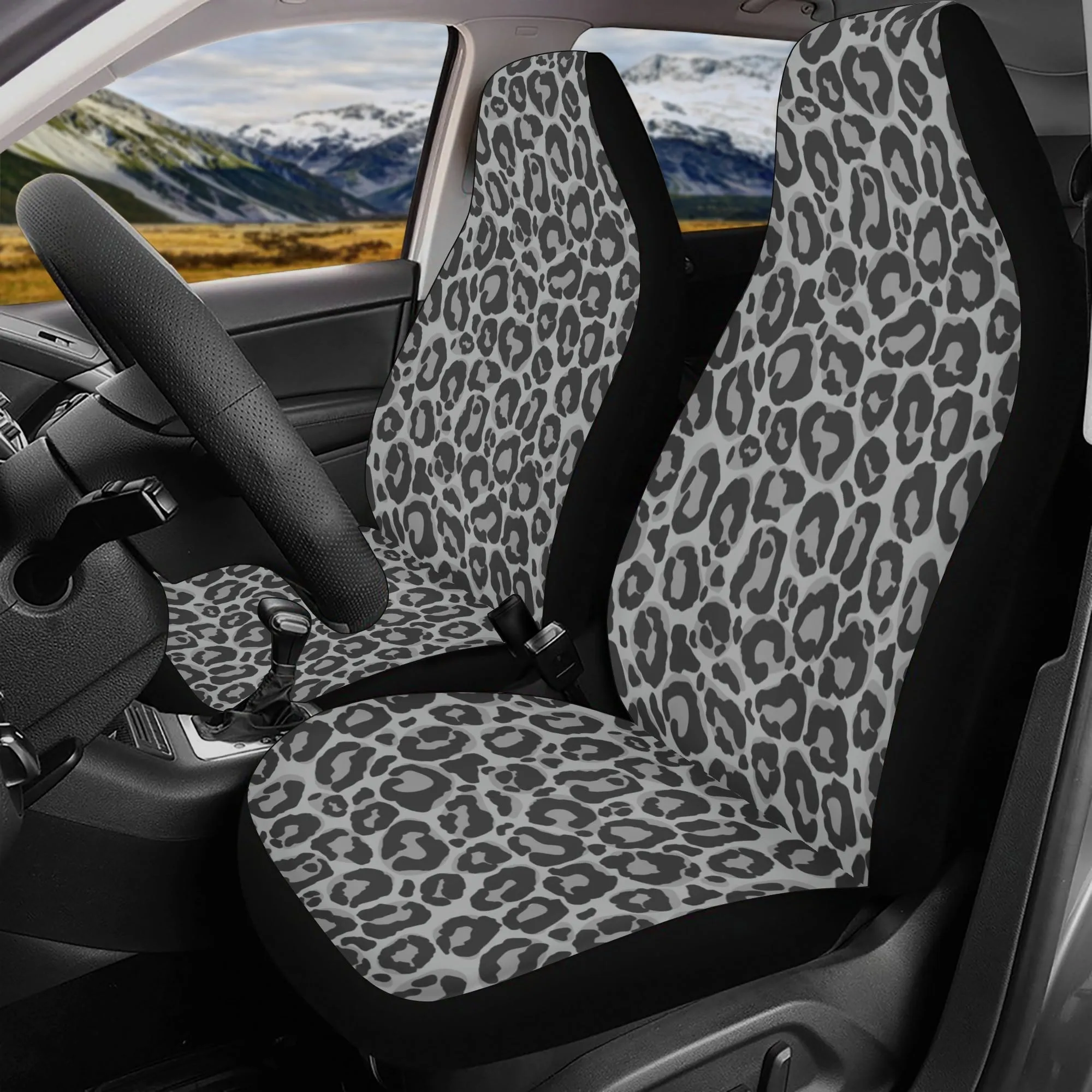 Grey Leopard Front and Back Car Seat Covers Full Set (4 pcs), Animal Print Auto Dog Pet Vehicle SUV Universal Protector Accessory Men Women