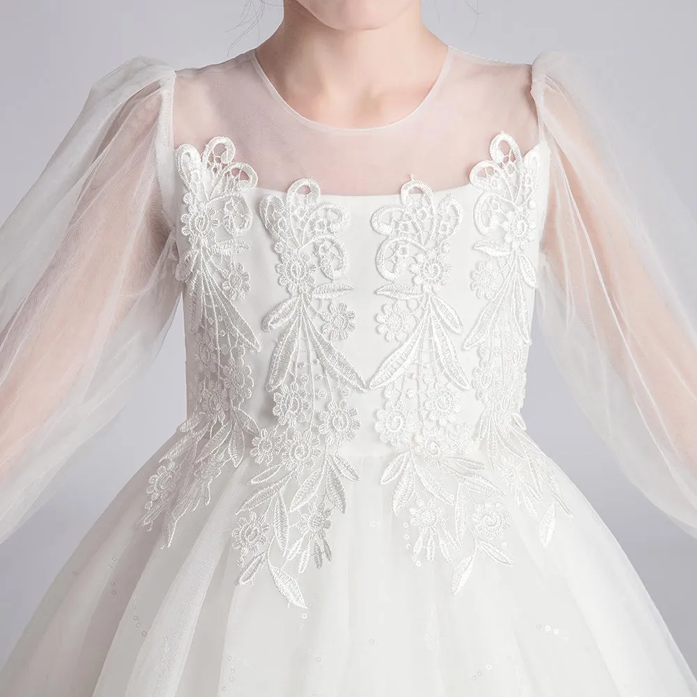 HP030 Outong Yoliyolei Latest Long Sleeve Flower Crochet Wedding Chiffon Dress Party Ribbon Multiplied Yarn Bubble Skirt Girls Baby Dresses