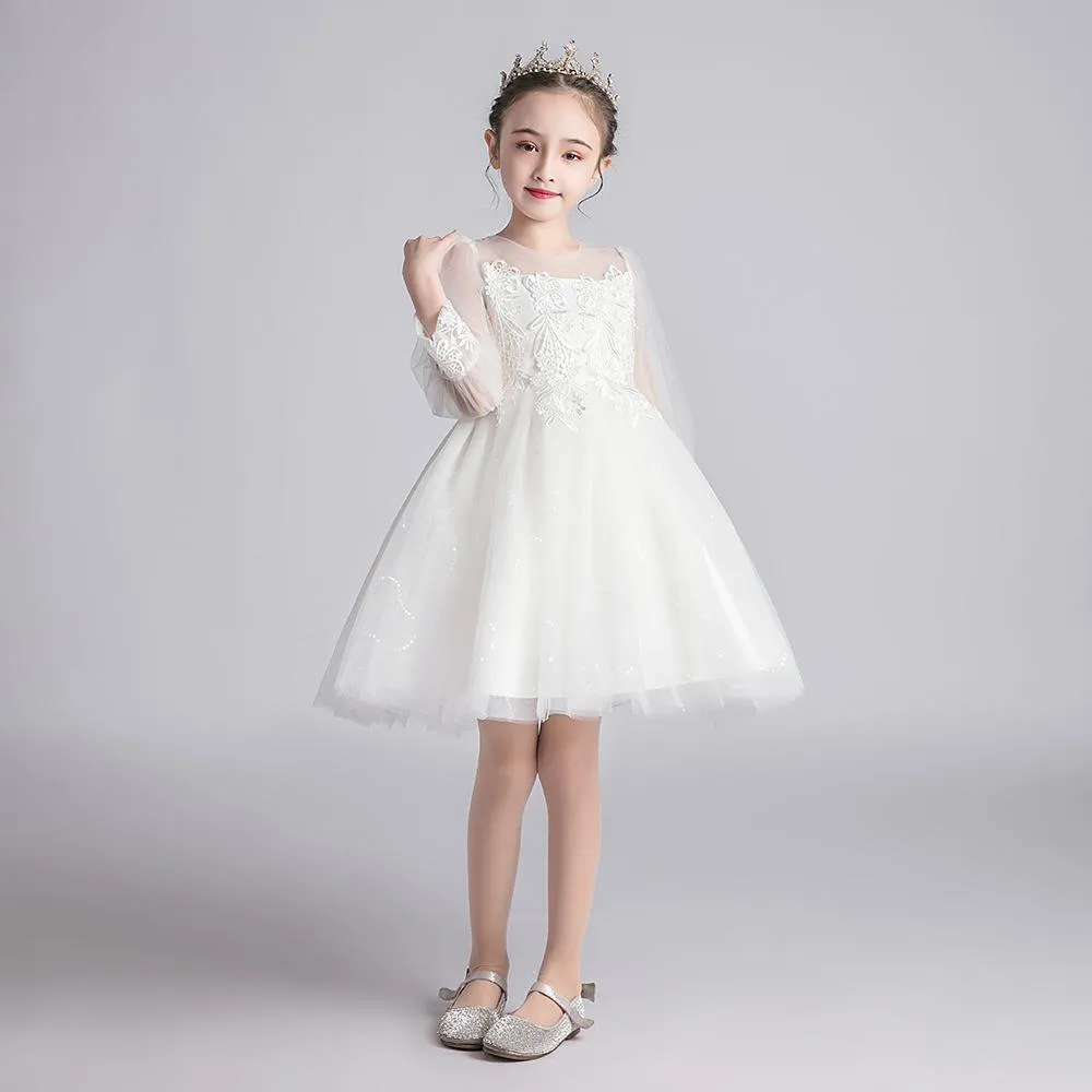 HP030 Outong Yoliyolei Latest Long Sleeve Flower Crochet Wedding Chiffon Dress Party Ribbon Multiplied Yarn Bubble Skirt Girls Baby Dresses