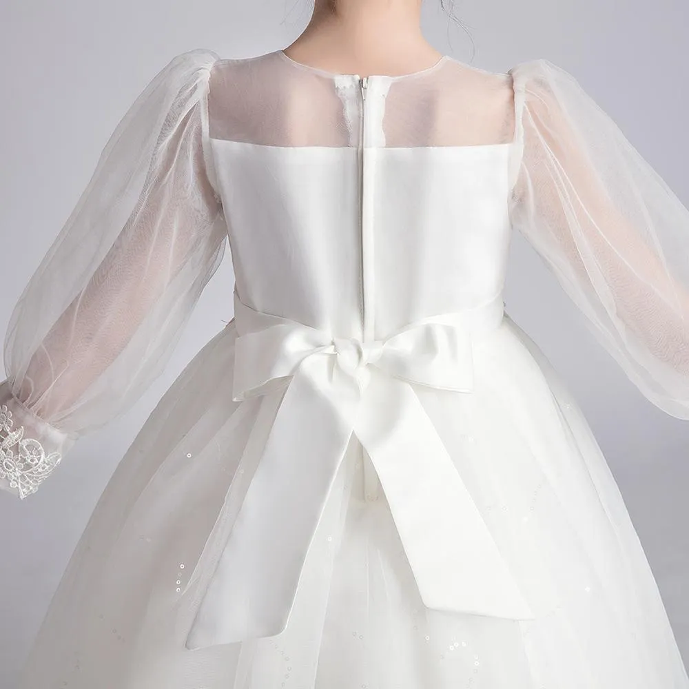 HP030 Outong Yoliyolei Latest Long Sleeve Flower Crochet Wedding Chiffon Dress Party Ribbon Multiplied Yarn Bubble Skirt Girls Baby Dresses